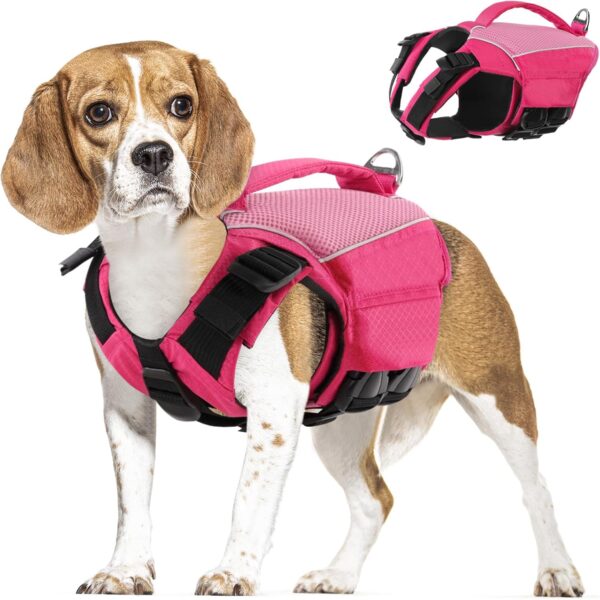 KOESON Dog Life Jacket Small, High Flotation Dog Life Vest for Swimming Boating, Reflective Adjustable Dog Floating Vest with Rescue Handle for Small Medium Large Dogs Pink XS