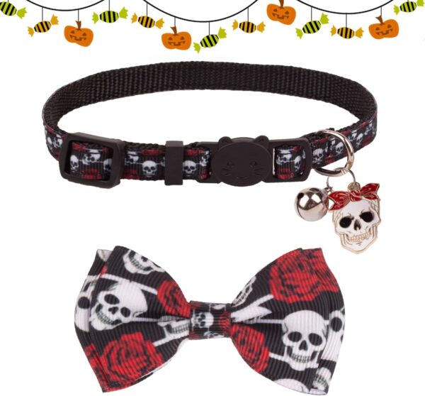 ADOGGYGO Halloween Cat Collars with Bow Bell, Breakaway Cat Bowtie Collar Spider Web Skull Pattern Halloween Collars for Girl Boy Cats Kittens (Halloween-2) - Image 6