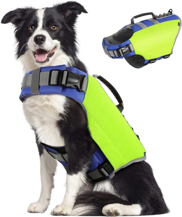 Pawaboo Dog Life Jacket, Reflective Dog Safety Vest Adjustable Pet Life Preserver with Strong Buoyancy & Sturdy Rescue Handle, Ripstop Dog Lifesaver Vests for Swimming, Boating - Bright Yellow, L