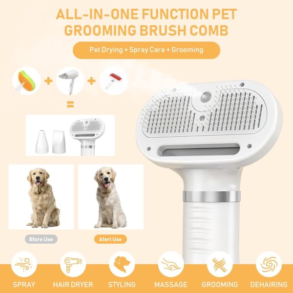 Pet Hair Dryer, Spray Cat Brush for Shedding, 4 in 1 Cat Steam Comb & Dog Blow Dryer with Water Tank and Release Button, 3 Heat Settings, Pet Grooming Brush for Home, Pet Washing Station,White - Image 2