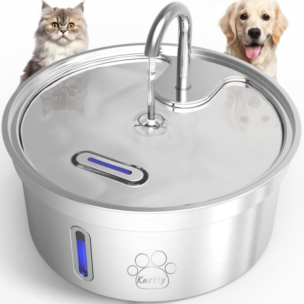 Kastty Dog Cat Water Fountain, 1Gallon/4L Pet Fountain Water Bowl, Food Grade 304 Stainless Steel Pet Fountain with Large Filter& 5 Filtration& Smart Safe LED Pump, Heavy Duty Better-Quality for Pets