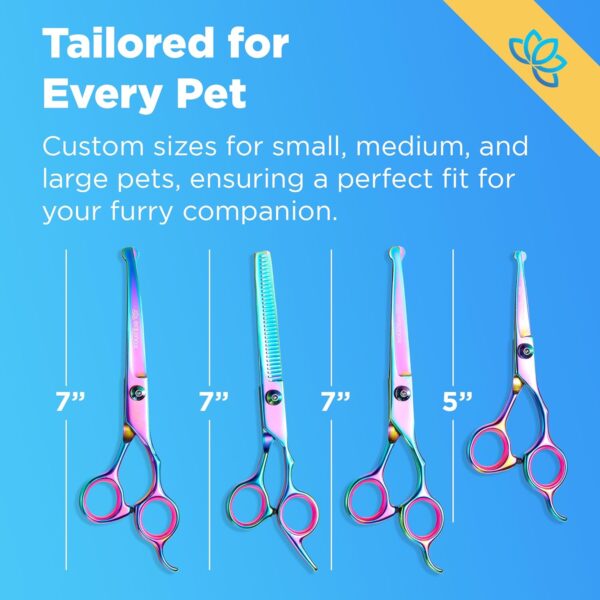 Equinox Dog Grooming Scissors & Deshedder - 7 in 1 Pet Grooming Scissors Set with undercoat brush - Curved Dog Scissors with safety tips - Includes Thinning & Rounded Shears - For dogs & cats - Image 3