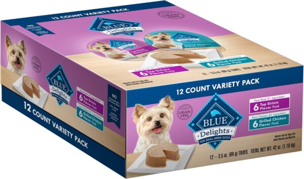 Blue Buffalo Delights Natural Adult Small Breed Wet Dog Food Cups, Pate Style, Grilled Chicken & Top Sirloin 3.5-oz (12 Pack- 6 of Each Flavor)