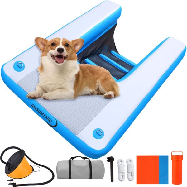 Inflatable Dog Dock，Inflatable Dog Raft ，Water Sports Floating Platform Swimming Pool, Boat Dock ramp Ladder | Swimming Pets weigh no More Than 220 pounds