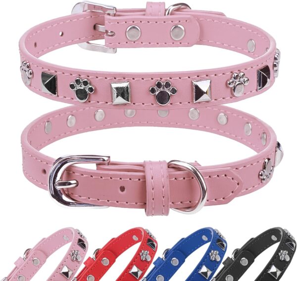 SCENEREAL Leather Dog Collars for Small Medium Dogs with Rivet, Adjustable Studded Cute Dog Collar for Pet Boy Girl Kitten Cats, Bling Spiked Puppy Collars, Pink XS