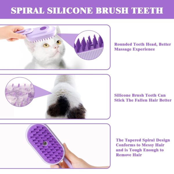 2 Pcs Cat Steam Brush Set-3 in 1 Steamy Cat Brush with Swivel Handle, Rechargeable Steamy Pet Brush Cat Grooming Brush, Spray Cat Steamer Brush for Massage, Pet Hair Removal Comb(White/Purple) - Image 9