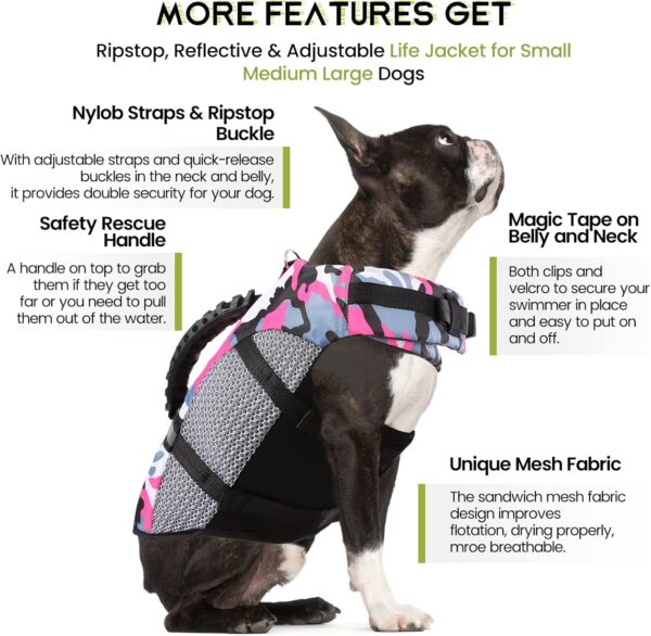 MIGOHI Dog Life Jacket, Camo Dog Life Vest with Rescue Handle for Swimming Boating Pool, High Visibility Dog Flotation Swimsuit Ripstop Doggy Lifesaver for Small Medium Large Dogs, Pink M - Image 3