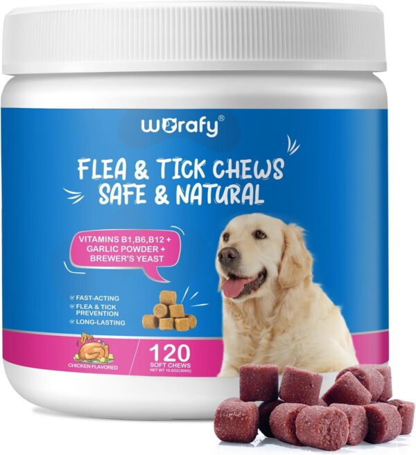 120 Chews Flea & Tick Prevention for Dogs, Dog Probiotics Treats, Probiotics for Dogs, Digestive Treats Dogs Probiotics and Digestive Enzymes, Flea and Tick Supplement Chewable for Dogs(Chicken)