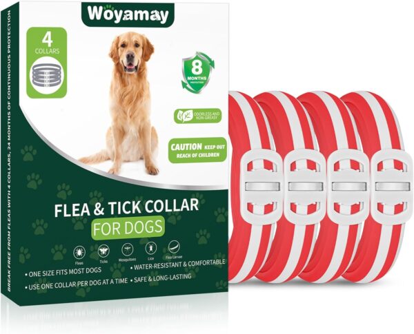 4 Pack Flea Collar for Dogs, 32 Months Flea and Tick Prevention for Dogs, Adjustable Flea and Tick Collar for Dogs, Dog Flea and Tick Collar, Water-Resistant Dog Flea Collars, Red & White