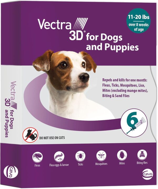 Vectra 3D for Dogs Flea, Tick & Mosquito Treatment & Prevention for Small Dogs (11 – 20 lbs) , 6 month supply