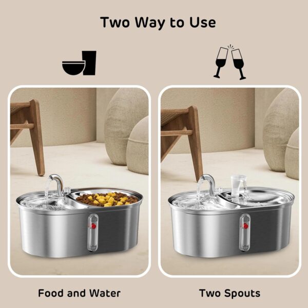 iPettie Cat Feeder and Waterer Combo, Twins Water Fountain Stainless Steel with Two Spouts, 101oz/3.0L, Food and Water Dispenser, 5-Stage Filtration Water Purifier - Image 2