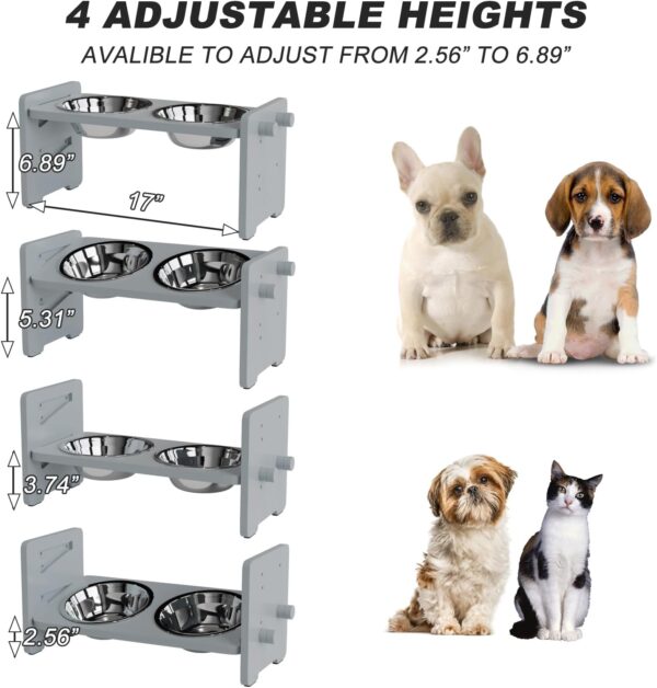 Elevated Dog Food and Water Bowls for Small Size Dogs and Cats - Adjustable Raised Dog Bowl with Stand, Durable Bamboo Dog Feeder with 2 Stainless Steel Bowls and Non-Slip Feets, Grey - Image 5