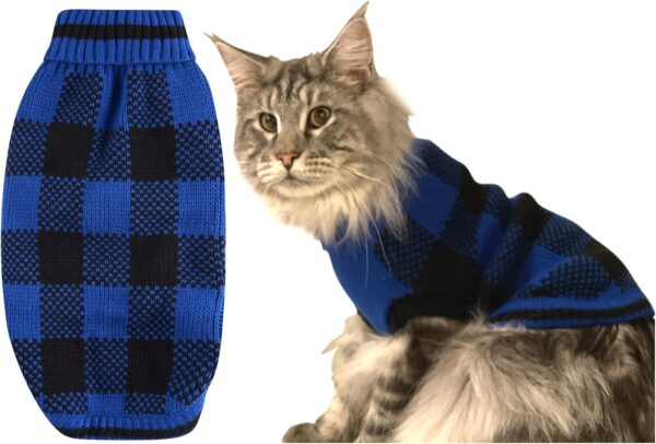 Blue Black Plaid Holiday Festive Turtleneck Pet Sweater for Small Dogs, Cat Warm Coat Apparel, Winter Knitwear Pet Clothes for Cold Weather Small (S) 12" Back Length