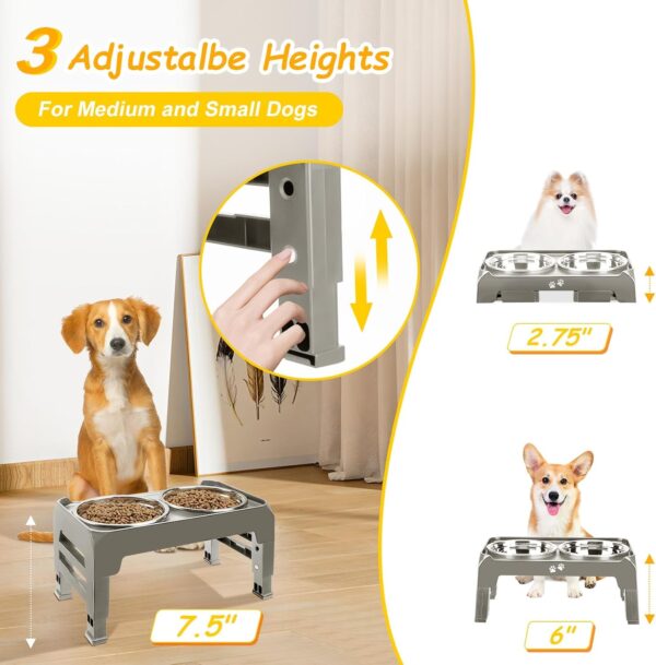 Elevated Dog Bowls for Small Dogs 3 Height Adjustable Raised Dog Bowl Stand with 25oz Stainless Steel Dog Food Bowls Anti-Slip Small Dog Feeder Adjusts to 7.5", 6", 2.75", Light Brownish Gray - Image 2