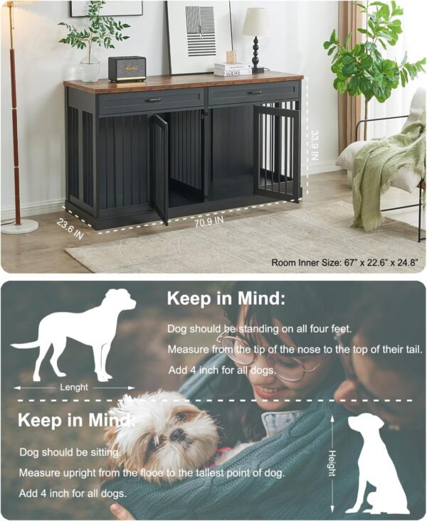 70.9 inches Dog Crate Furniture for 2 Dogs Double Dog Crate Wooden Heavy Duty Dog Kennel Furniture TV Stand with 3 Drawers for Large Medium Dogs Black - Image 2