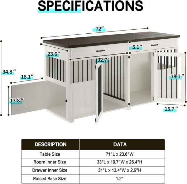 Dog Crate Furniture - Indoor Wood Dog Kennel Furniture 4 Doors with Divider and 2 Drawers - 72" L x 23.6" W x 34.8" H, White - Image 6