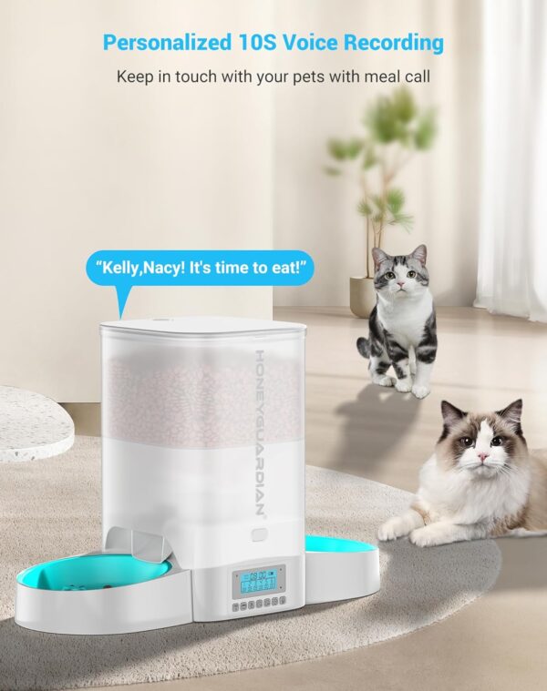 HoneyGuaridan Automatic Cat Feeder for Two Cats,3.5L Cat Food Dispenser with Slow Feeder Bowl,Timed Cat Feeder Programmable 1-6 Meals Control, Dual Power Supply,10s Meal Call White - Image 6