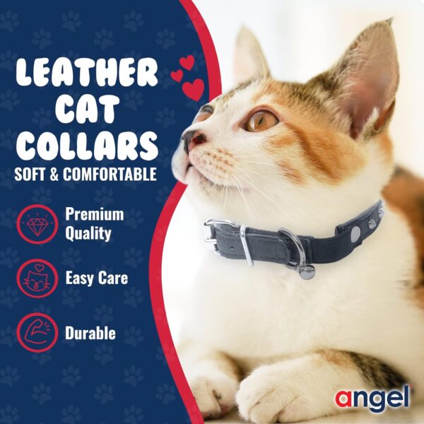 Studded Cat Collar, Genuine Leather Kitten Collar, Sturdy Breakaway Cat Collar, Water-Resistant Cat Collar with Bell & Elastic Stretch, Midnight Black, 10 x 1/2 inches - Angel Pet Supplies - Image 2