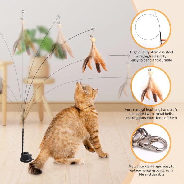 Cat Wand Toys, Auto Interactive Cat Toys with Suction Cup, 35” Flexible Steel Wire and 3 Nature Feather Refills with Bells, Cat Teaser Toy for Indoor Cats Kitten to Play Chase Exercise - Image 6