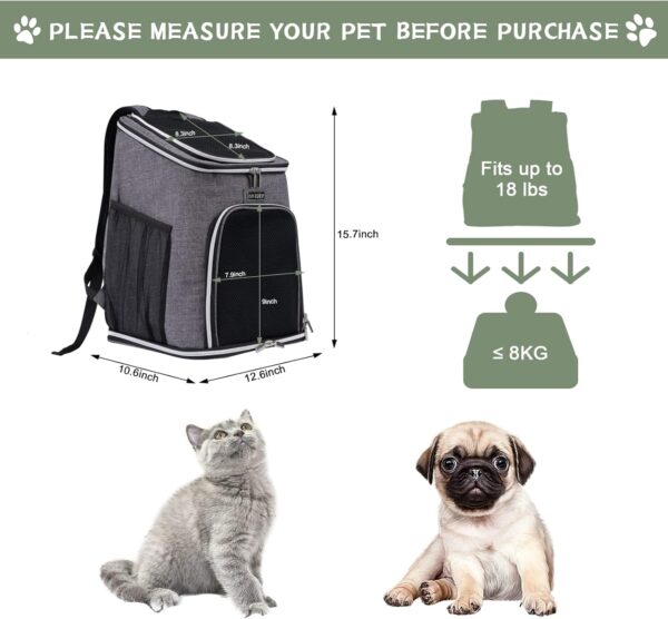 BAGLHER Cat Backpack Carrier, Mesh Pet Cat Carrier for Medium Small Dog Cat Puppy Kitten Bunny up to 18lbs, Dog Travel Backpack for Picnic Hiking Walking Cycling,Grey - Image 2