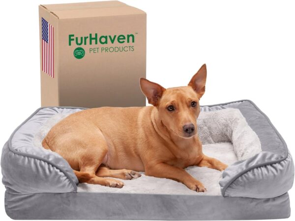 Furhaven Orthopedic Dog Bed for Medium/Small Dogs w/ Removable Bolsters & Washable Cover, For Dogs Up to 35 lbs - Plush & Velvet Waves Perfect Comfort Sofa - Granite Gray, Medium