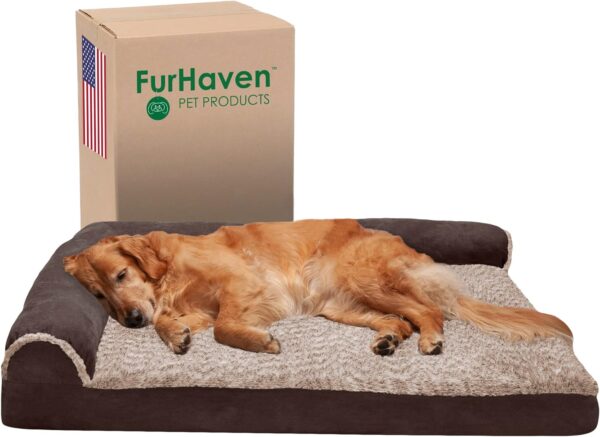 Furhaven Orthopedic Dog Bed for Large Dogs w/ Removable Bolsters & Washable Cover, For Dogs Up to 95 lbs - Two-Tone Plush Faux Fur & Suede L Shaped Chaise - Espresso, Jumbo/XL