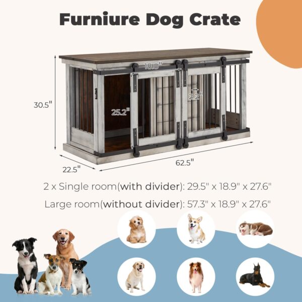 Erinnyees Dog Crate Furniture, 62.5'' Large Solid Wood Dog Kennel with Removable Divider, Bite Resistant Furniture Style Dog Crate Indoor, Dog Cage with Double Sliding Barn Door Design, White - Image 2