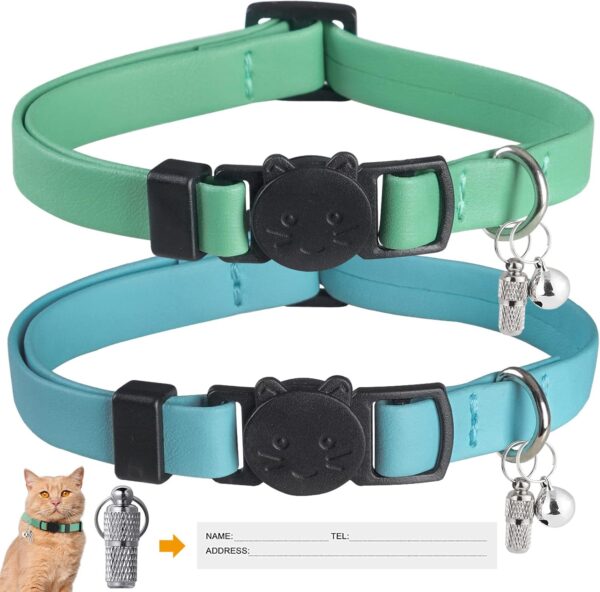 Upgrade Breakaway Cat Collar with Bells, Soft Leather Kitten Collars with Name Tag,Safety Adjustable Buckle,Lightweight,Ideal for Girl Boy Cats,Puppies,2 Pack (Green+Blue)