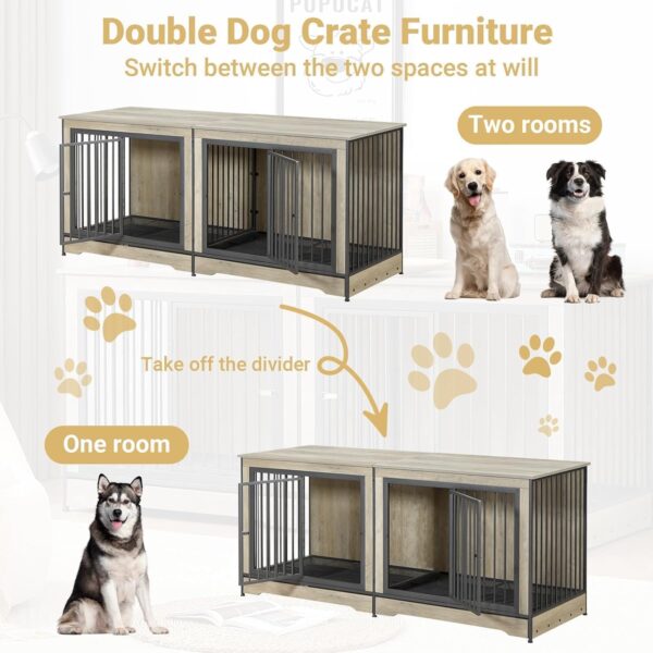 75'' Double Dog Crate Furniture for 2 Large Dogs, Heavy Duty Dog Crate, Furniture Style Dog Crate End Table, Wood Crates for Dogs Kennel Indoor, Decorative Dog Crate with Double Door, Grey - Image 3