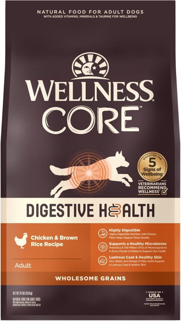 Wellness CORE Digestive Health Dry Dog Food with Wholesome Grains, Highly Digestible, For Dogs with Sensitive Stomachs, Made in USA with Real Chicken (Adult, 24-Pound Bag)