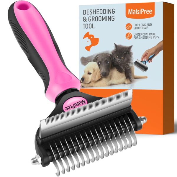 MalsiPree Pet Grooming Brush for Dogs/Cats, 2 in 1 Deshedding Tool & Dematting Undercoat Rake for Mats & Tangles Removing, Reduces Shedding by up to 95%, Great for Short to Long Hair Breeds (L, Pink)