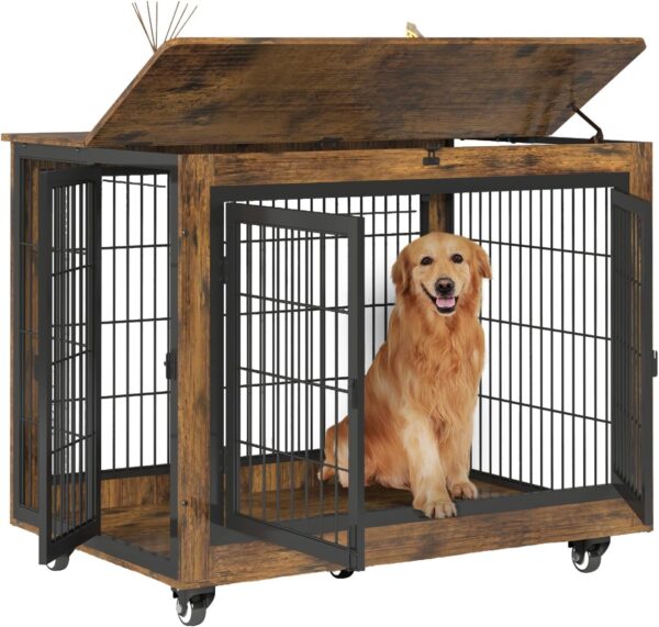 Dog Crate Furniture with Flip-Top, 38 Inch Double Doors Heavy Duty Dog Kennel Indoor with 360° Wheels End Table，Decorative Pet Cage Wooden Dog House for Large/Medium/Small Dog - Image 5