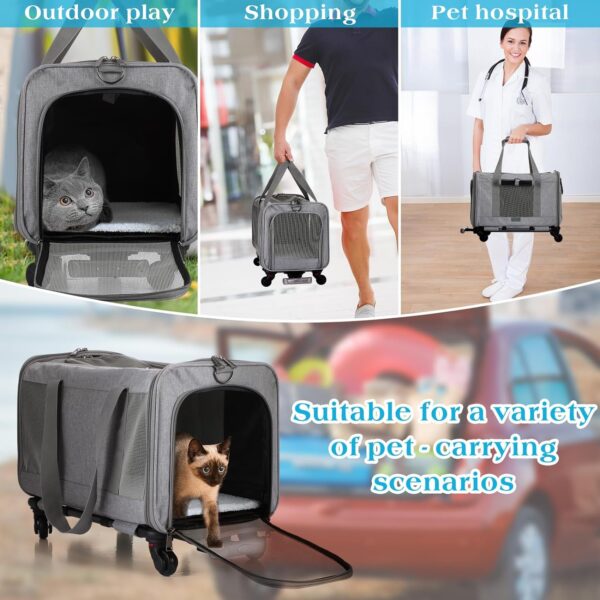 2 Pcs Pet Carrier with Wheels Extra Large Cat Carrier Rolling Dog Carrier with Adjustable Straps and Telescopic Handle Carrier for up to 26.5 Lbs Pet Cats Medium Dogs Camping (Gray) - Image 4