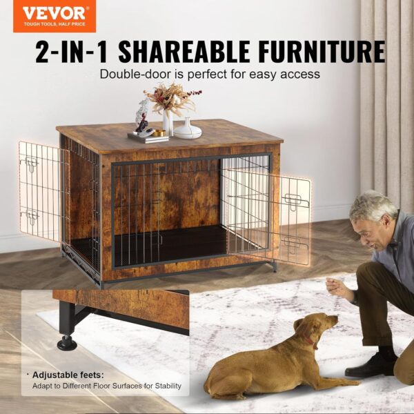 VEVOR Dog Crate Furniture, 38 inch Wooden Dog Crate with Double Doors, Heavy-Duty Dog Cage End Table with Multi-Purpose Removable Tray, Modern Dog Kennel Indoor for Dogs up to 70lb, Rustic Brown - Image 2