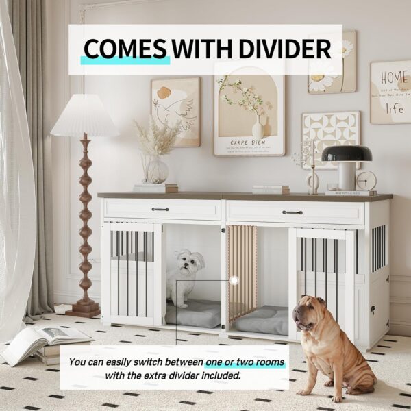 Dog Crate Furniture - Indoor Wood Dog Kennel Furniture 4 Doors with Divider and 2 Drawers - 72" L x 23.6" W x 34.8" H, White - Image 3