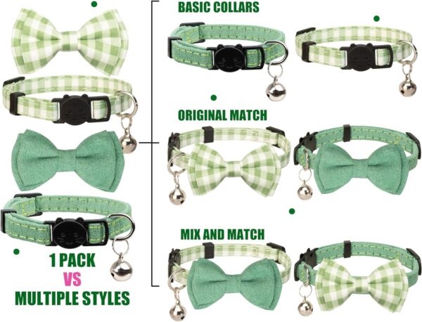 Cat Collar with Bell Girl Boy Kitten Bow Tie Safety Breakaway Plaid Solid Color Gift Set Spring Pink Cute [2pcs] Green - Image 2