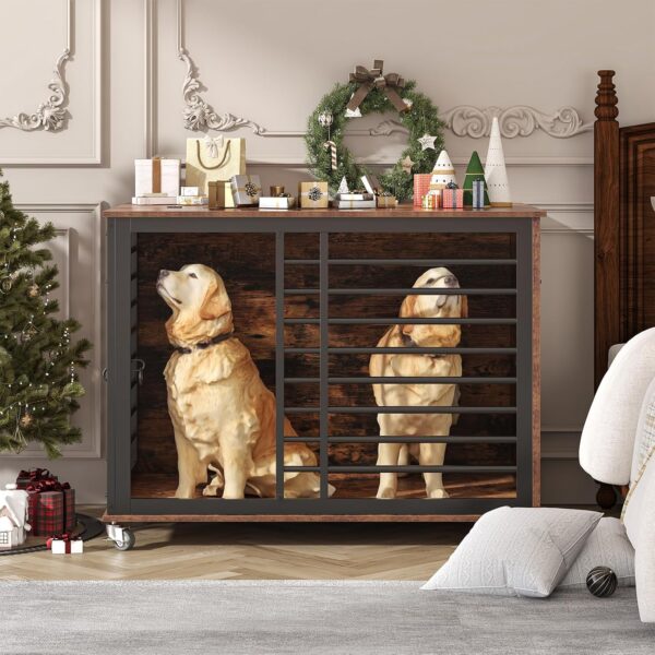 45 Inch Large Dog Crate Furniture with Flip Top, Heavy Duty Dog Kennel with Wheels, Wooden Dog Cage Table Indoor, for Large/Medium/Small Dogs, 45×30×31 Inch - Image 4