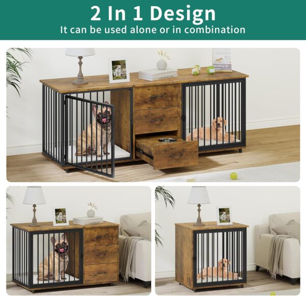 YITAHOME 74" Double Dog Crate Furniture with 2 Feeder Bowls, Wooden Dog Kennel TV Stand with Room Divider for 2 Large Medium Small Dogs, Rustic Brown - Image 2