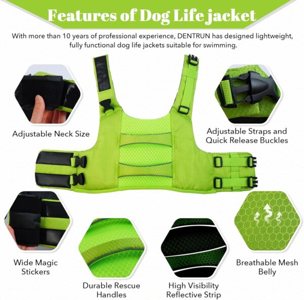 DENTRUN High Visibility Dog Life Jacket, Dog Life Vest for Swimming Boating Puppy Life Preserver Floatation Safety Pool Lake Reflective Float Coat Wetsuit & Rescue Handle for Small Dog, Green - Image 2