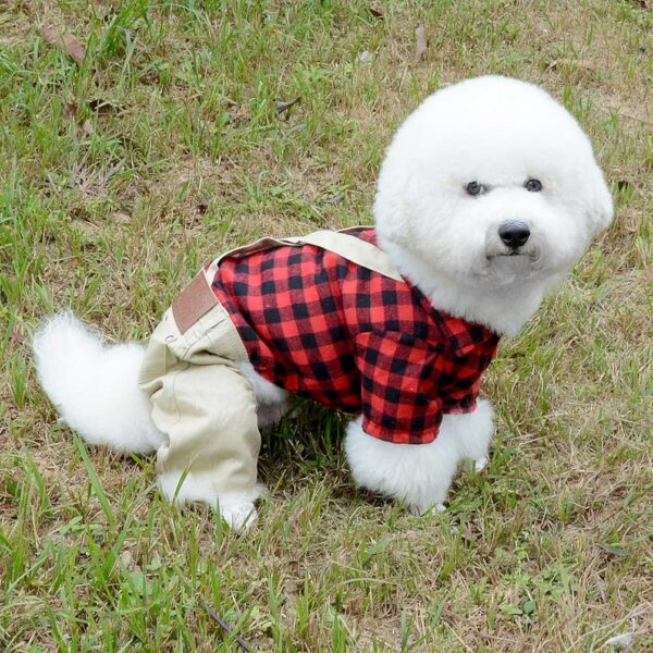 SMALLLEE_LUCKY_STORE Pet Clothes for Small Dog Cat Red Plaid Shirts Sweater with Khaki Overalls Pants Jumpsuit Outfits S - Image 6