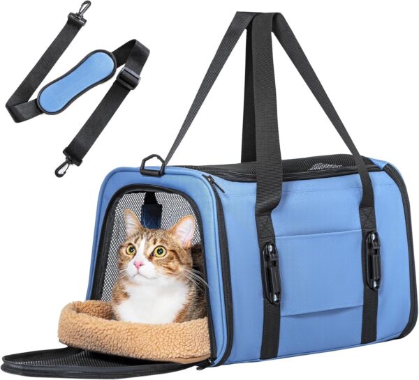 Petsfit 18 x 11 x 11 Airline Approved Pet Carrier, Upgraded Patented Car Buckle Soft Sided Cat Carrier, 4 Side Ventilated with Adjustable Shoulder Straps and Soft Cushion.Blue