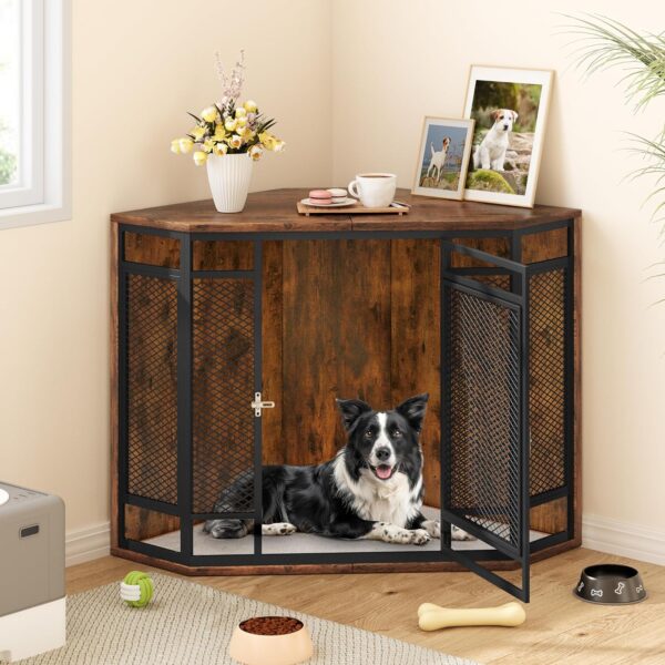 YITAHOME Corner Dog Crate Furniture, 52" Wooden Dog Crate with Dog Cushion, Dog Kennel Indoor for Small Medium Large Dogs, Brown - Image 3