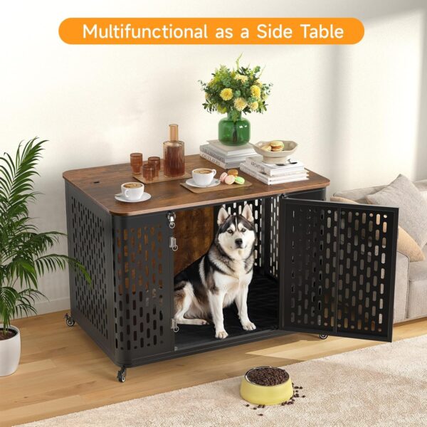 Dog Crate Furniture for Large and Medium Dogs, 43.7 Inch Dog Crate with Cushion & Wheels, Decorative End Table Pet House for Large/Medium/Small Dog, Rustic Brown - Image 3