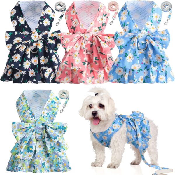 Sanwuta 4 Pack Dog Dress Harness Dog Dress Bowknot Harness Leash Set Floral Princess Dog Harness Dress Dog Dress Harness Vest with Leash Pet Doggy Outfits for Outdoor Walking, 4 Colors (Medium)