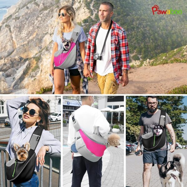 Pawaboo Pet Dog Sling Carrier, Hand Free Drawstring Dog Papoose with Adjustable Strap, Breathable Mesh Bag for Puppy Cat, Crossbody Satchel Dog Purse with Pocket for Outdoor Travel, Black, Medium - Image 7