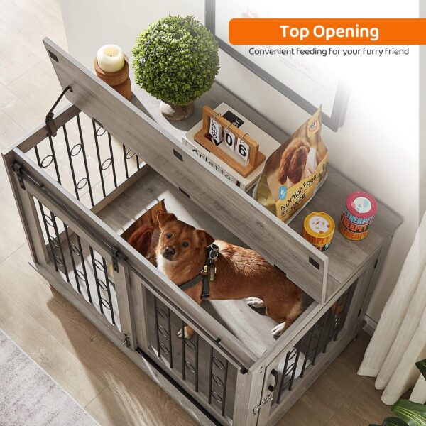 IchbinGo Dog Crate Furniture with Sliding Barn Door, 39" Wooden Dog Kennel End Table with Wheels and Flip-top Plate Dog House with Detachable Divider for Small/Medium/Large Dog (Rustic Grey) - Image 3