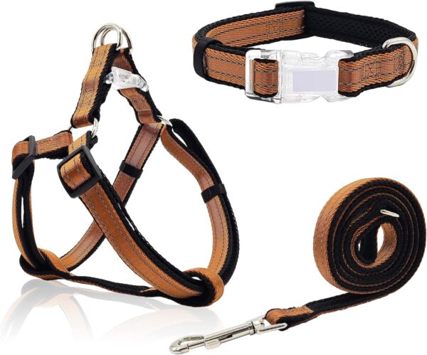 Reflective Dog Harness Collar Leash Set, Step-in Dog Harness for Medium Dogs, No Pull, Easy to Put in&Take Off, Adjustable Dog Harness Collar Leash Set for Medium Large Dogs, Coffee Brown