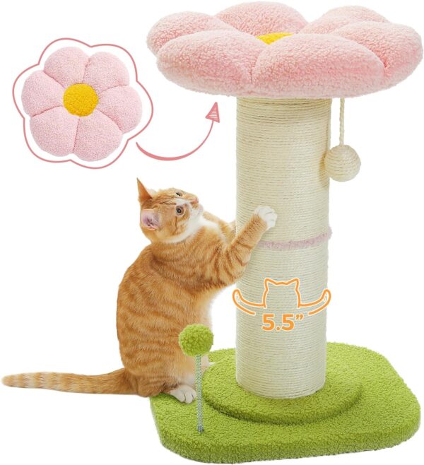 PEQULTI Flower Cat Scratching Post, Small Cat Tree, Tall Cat Scratcher for Indoor Cats with Super Thick Scratching Post [Dia=5.5''], Removable Flower Cat Bed, Cat Scratch Post with Spring Ball, Pink