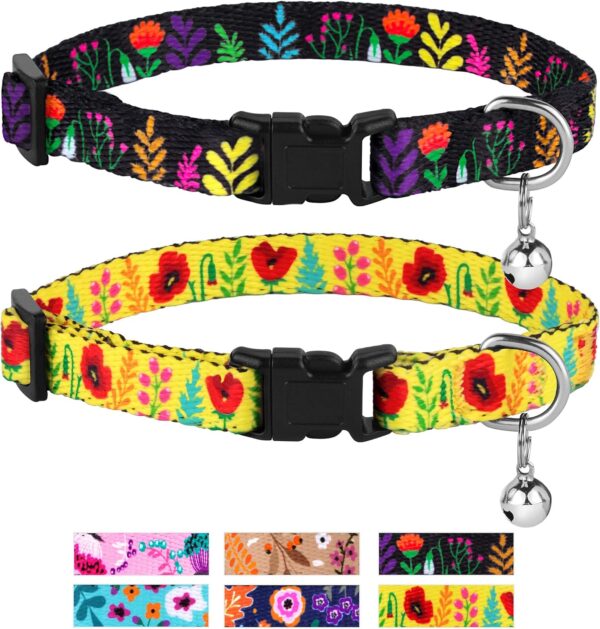 CollarDirect Cat Collar with Bell Floral Pattern 2 Pack Set Flower Adjustable Safety Breakaway Collars for Cats Kitten (Black + Yellow)