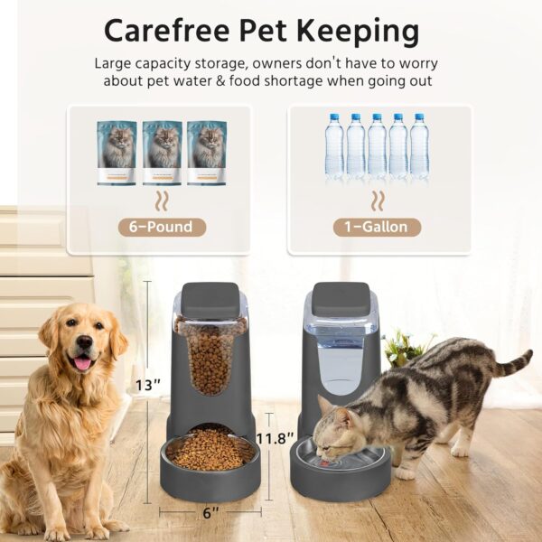 2 Pack Automatic Cat Feeder and Stainless Steel Water Dispenser, Gravity Dog Waterer Set Food Feeder and Waterer Set for Small Medium Kitten Puppy Pets(1 Gallon x 2, Charcoal Gray) - Image 3